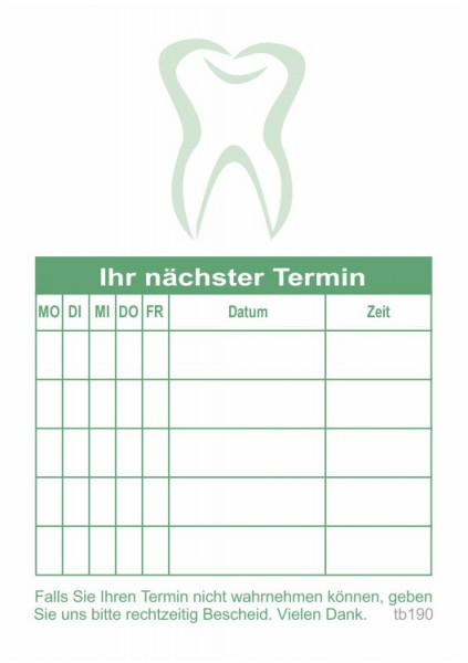 Terminblock tb190, 5 Termine in grün für Zahnarzt